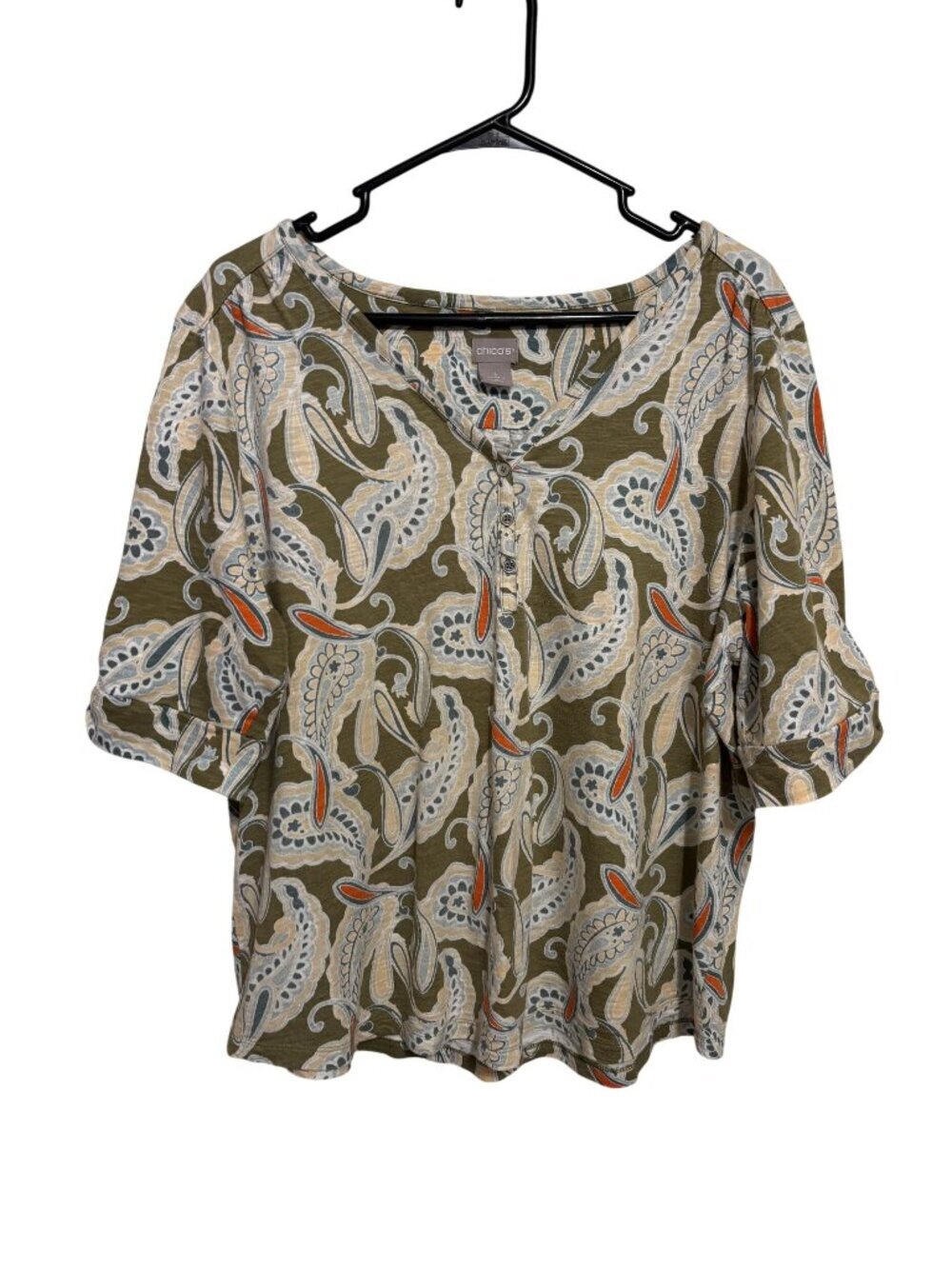Chicos Paisley Print Scoop Neck Top XL Olive/Orange/Blue Cotton/Modal Blend